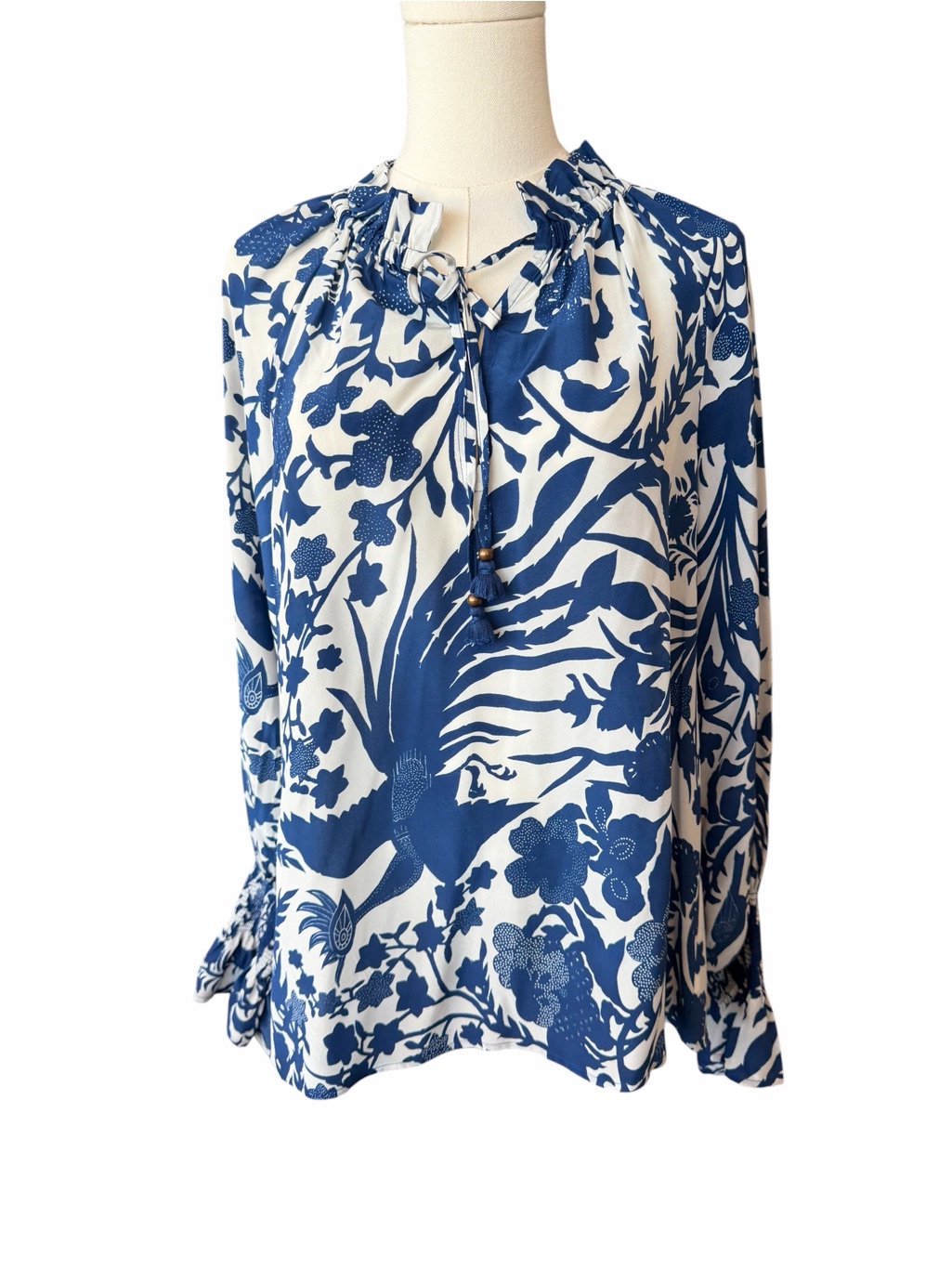 F_ Figue Mica Blue And White Floral Silk Blouse